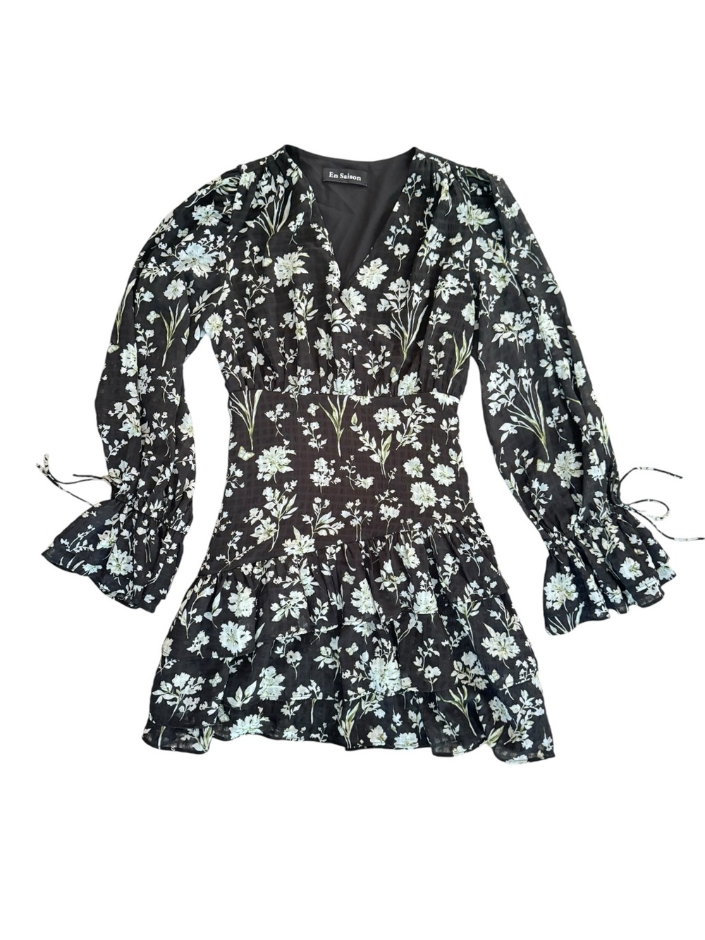 En Saison Black Floral Puff Sleeve Ruffle Mini Dress est Small Fall Mini Dress